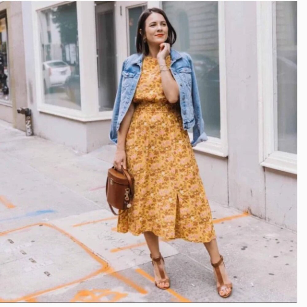 Loft Petite Garden Yellow Floral Tie Back Midi Dress Size S Petite